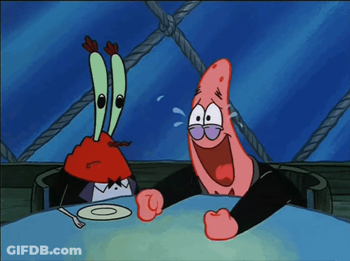 A Cartoon Of Crab And Patrick Sitting At A Table With A Plate And Fork GIF