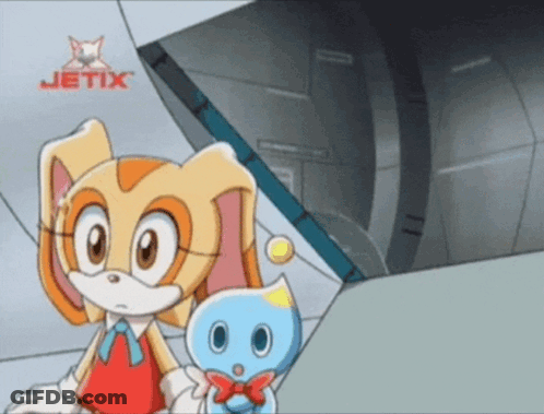 A Cartoon Of Cream The Rabbit Standing Next To A Smaller Rabbit With Jetix Written On The Bottom Right GIF