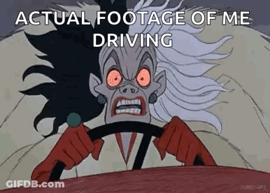 A Cartoon Of Cruella De Vil Driving A Car . GIF
