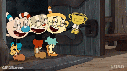 A Cartoon Of Cuphead And His Friends Holding A Trophy GIF