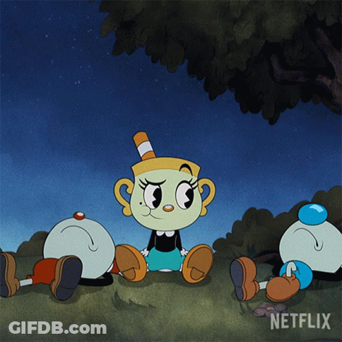 A Cartoon Of Cuphead And His Friends Sitting Under A Tree With Netflix In The Corner GIF