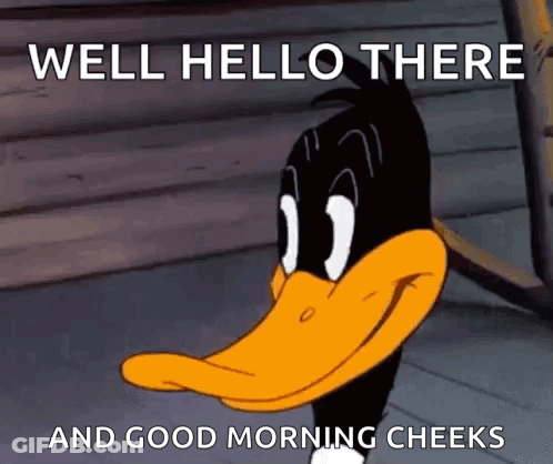 A Cartoon Of Daffy Duck Saying Well Hello There And Good Morning Cheeks GIF