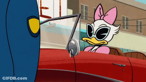 A Cartoon Of Daisy Duck Driving A Red Car GIF