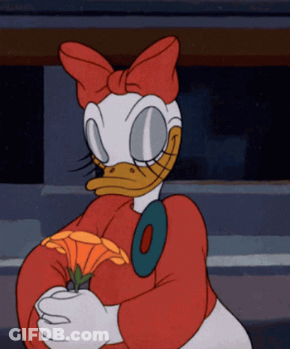 A Cartoon Of Daisy Duck Holding A Flower In Her Hand GIF