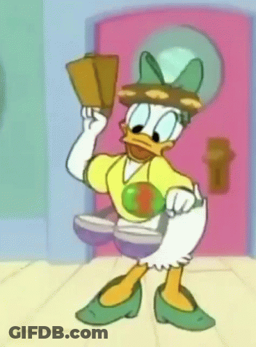 A Cartoon Of Daisy Duck Wearing A Sombrero Holding A Fan GIF