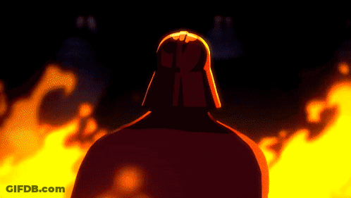 A Cartoon Of Darth Vader Standing In Front Of A Large Fire GIF