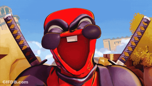 A Cartoon Of Deadpool With Two Swords Behind Him GIF