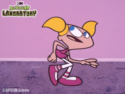 A Cartoon Of Dexter 'S Laboratory With A Girl Kicking GIF