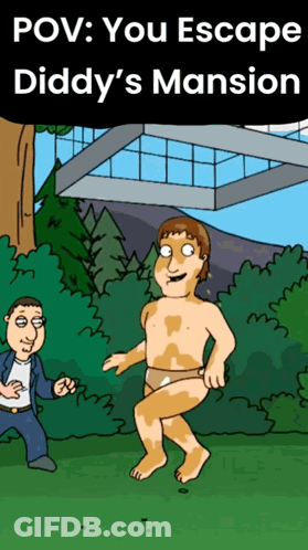 A Cartoon Of Diddy 'S Mansion With A Man Standing Next To Him GIF