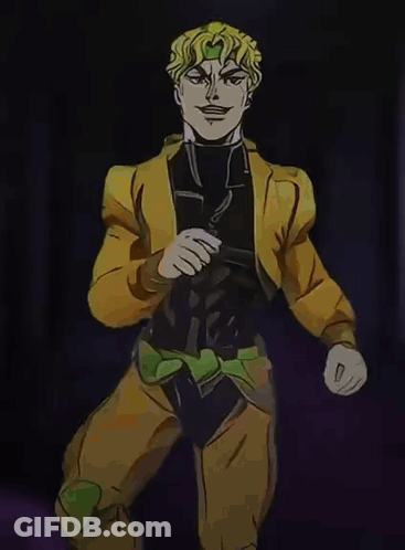 A Cartoon Of Dio From Jojo 'S Bizarre Adventure Is Standing In A Dark Room GIF