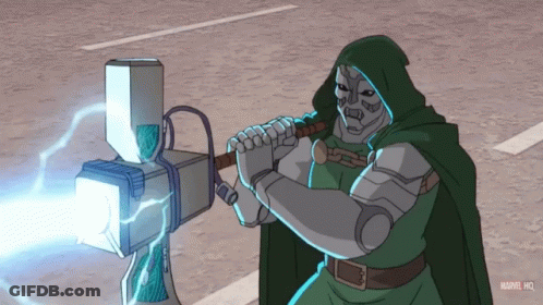 A Cartoon Of Doctor Doom From Marvel Holding A Lightning Bolt GIF