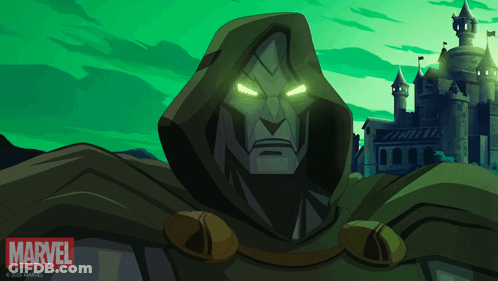 A Cartoon Of Doctor Doom With A Castle In The Background GIF
