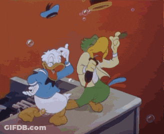 A Cartoon Of Donald Duck And A Green Duck Dancing On A Piano GIF