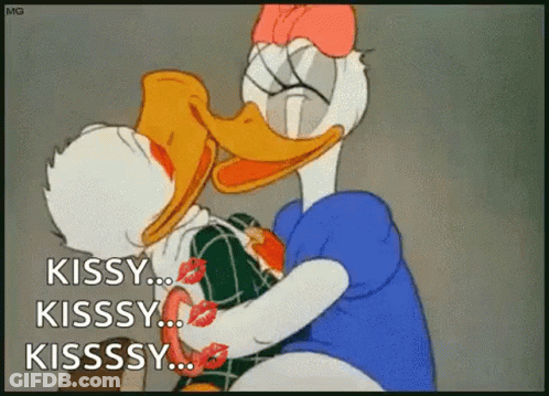 A Cartoon Of Donald Duck And Daisy Duck Kissing Each Other . GIF