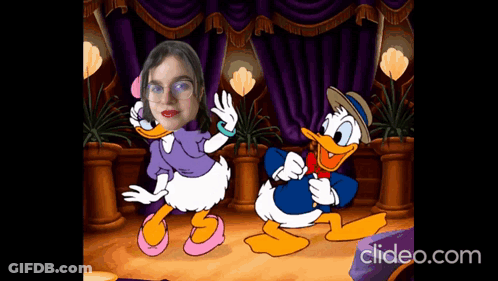 A Cartoon Of Donald Duck And Daisy Duck With A Woman 'S Face In The Middle GIF