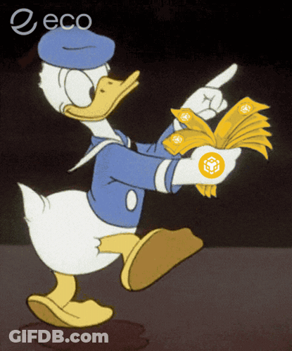 A Cartoon Of Donald Duck Holding A Bunch Of Money And Pointing GIF