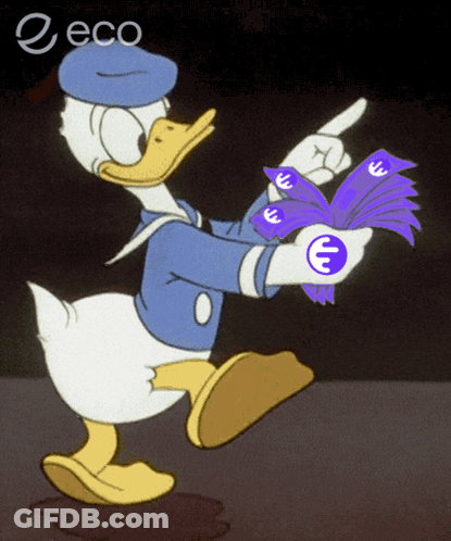 A Cartoon Of Donald Duck Holding A Fan Of Money GIF