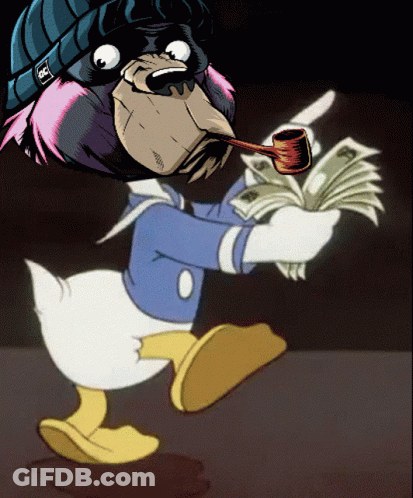 A Cartoon Of Donald Duck Holding A Pipe And A Pile Of Money GIF
