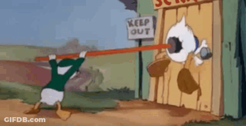 A Cartoon Of Donald Duck Holding A Stick In Front Of A Building . GIF