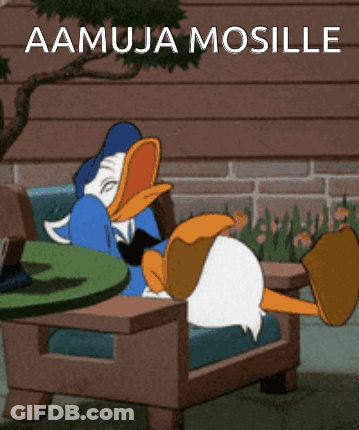 A Cartoon Of Donald Duck Laying In A Chair With The Words " Aamua Mosille " Written Above Him GIF