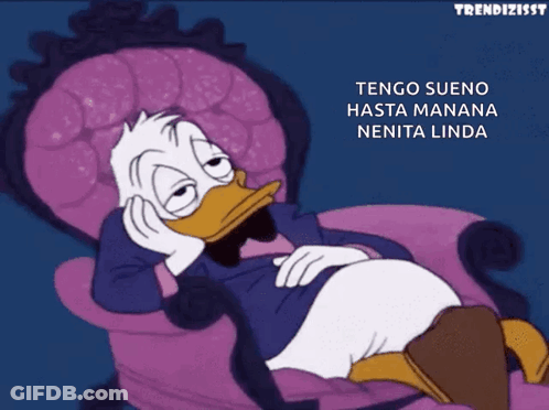 A Cartoon Of Donald Duck Laying In A Chair With The Words " Tengo Sueno Hasta Manana Nenita Linda " GIF