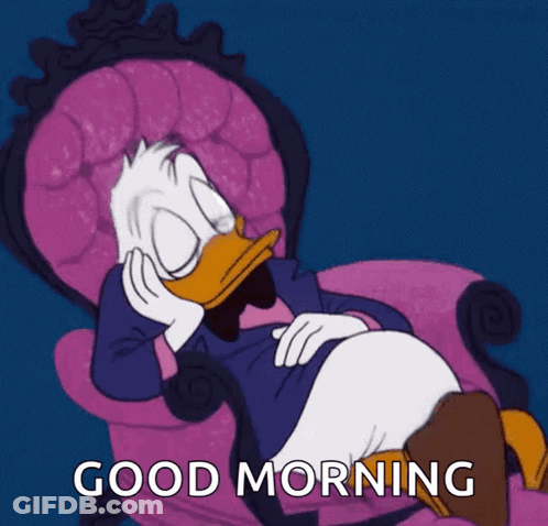 A Cartoon Of Donald Duck Laying In A Pink Chair With The Words Good Morning Written Below Him GIF