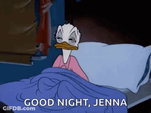 A Cartoon Of Donald Duck Laying In Bed With The Words Good Night Jenna Above Him GIF