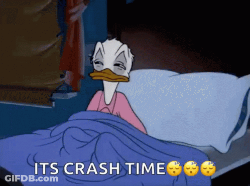 A Cartoon Of Donald Duck Laying In Bed With The Words " Its Crash Time " Above Him GIF