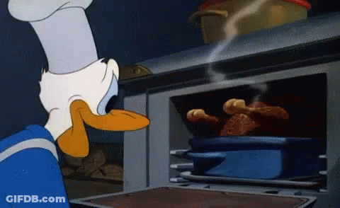 A Cartoon Of Donald Duck Looking At A Pot Of Food In An Oven GIF