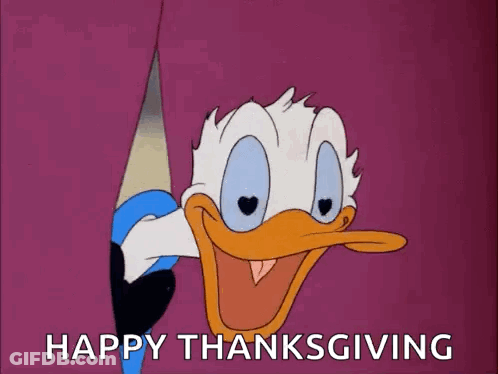 A Cartoon Of Donald Duck Peeking Out From Behind A Curtain And Saying Happy Thanksgiving . GIF