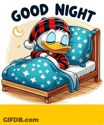A Cartoon Of Donald Duck Sleeping In A Bed With The Words Good Night Written Below Him GIF