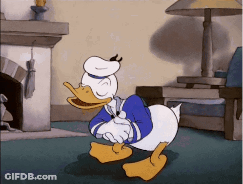 A Cartoon Of Donald Duck Standing In A Living Room With His Eyes Closed GIF