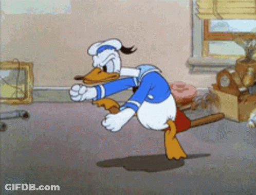 A Cartoon Of Donald Duck Standing In A Room GIF