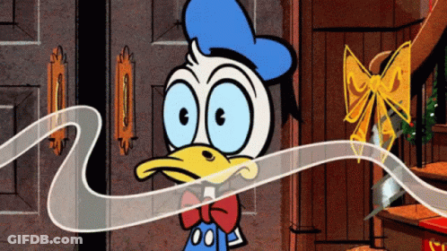 A Cartoon Of Donald Duck Standing In Front Of A Wooden Door GIF