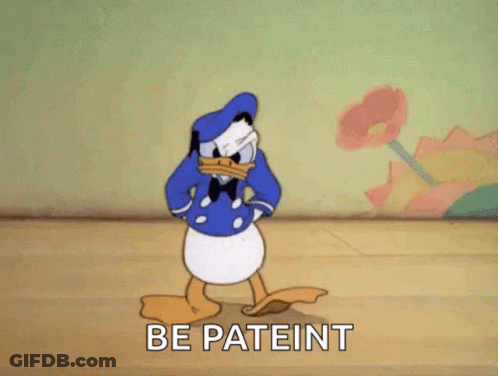 A Cartoon Of Donald Duck Standing On A Wooden Floor With The Words `` Be Patient '' Written On The Bottom . GIF