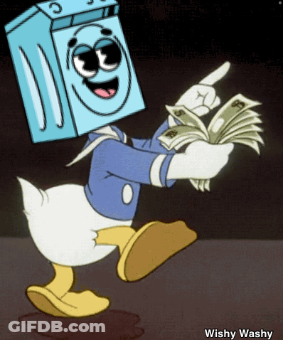 A Cartoon Of Donald Duck With A Washing Machine On His Head Holding A Bunch Of Money GIF