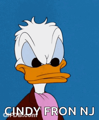 A Cartoon Of Donald Duck With The Words Cindy Fron Nj Below Him GIF