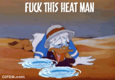 A Cartoon Of Donald Duck With The Words Fuck This Heat Man Above Him GIF