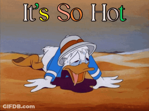 A Cartoon Of Donald Duck With The Words It 'S So Hot GIF