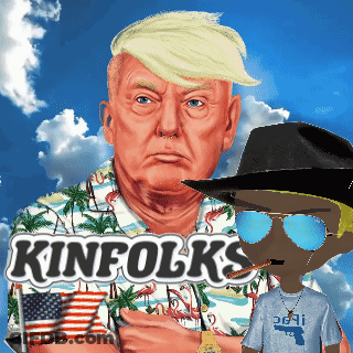 A Cartoon Of Donald Trump And A Cartoon Of A Man Wearing Sunglasses And A Shirt That Says Kinfolk GIF