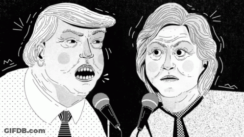 A Cartoon Of Donald Trump And Hillary Clinton Talking Into Microphones GIF