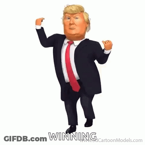 A Cartoon Of Donald Trump In A Suit And Tie Is Running And Saying Winning . GIF