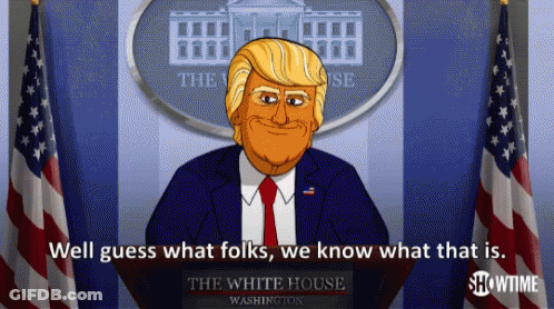 A Cartoon Of Donald Trump Is Giving A Speech At The White House GIF