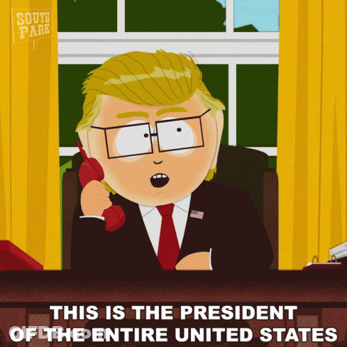 A Cartoon Of Donald Trump Talking On A Red Phone With The Caption " This Is The President Of The Entire United States " GIF