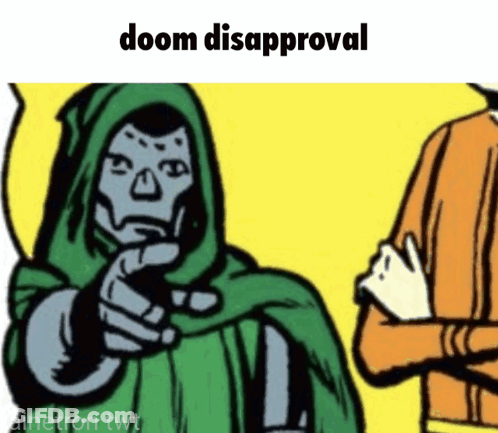 A Cartoon Of Doom Pointing At A Man With The Words Doom Disapproval Below Him GIF