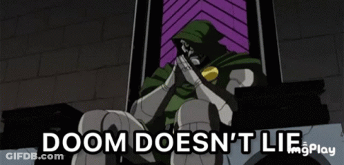 A Cartoon Of Doom Sitting On A Throne With The Words Doom Does N't Lie GIF