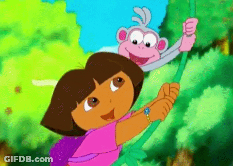A Cartoon Of Dora And A Monkey Hanging From A Tree GIF