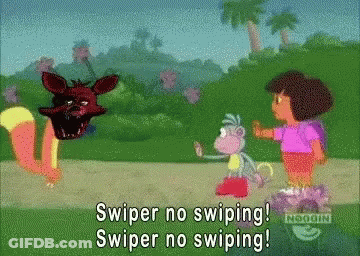 A Cartoon Of Dora And A Monkey Saying " Swiper No Swiping " GIF