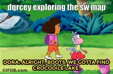 A Cartoon Of Dora And A Monkey With The Caption " Dora Alright Boots We Gotta Find Crocodile Lake .. " GIF