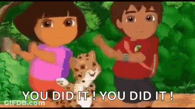 A Cartoon Of Dora And Diego Standing Next To A Leopard And Saying `` You Did It ! '' GIF